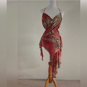 Animal Print Red Wrap Halter Dress